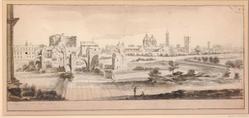 500.66 Vue près de Santa Maria MaggioreH : 214 L : 468
 Dessin (Hors Faucheux)Crédit : The British Museum - 1935,1214.5