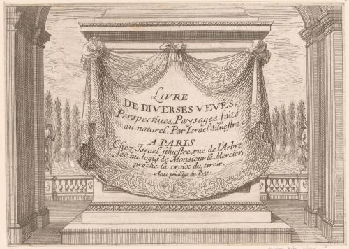 53.0 Livre De Diverses veuës, Perspectives, Paysages faits au naturel, Par Israël Silvestre.A Paris chez Israël Silvestre, rue de l'Arbre sec au logis de Monsieur le Mercier, proche la croix du tiroir. Avec Priuilege du Roy.H : 112 L : 159
 Faucheux : 53.0