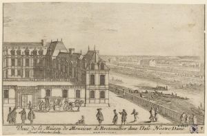 53.7 Veuë de la Maison de Monsieur de Bretonvillier dans l'Isle Nostre Dame.Israël Silvestre sculpH : 100 L : 153
 Faucheux : 53.7Crédit : Musée Carnavalet