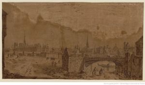 57.3 Veüe du Pont Neuf et de l'Isle du Palais, du costé du Petit Bourbon.H : 181 L : 335
 Dessin pour la gravure Faucheux : 57.3  Baré : N° 180Crédit : gallica.bnf.fr