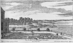 57.4 Veüe du Mail et de la Campagne circonvoisine.Dessignée par I. Silvestre, et grauee par N. Perelle. Avec priuilege du Roy A Paris chez Pierre Mariette, rue S. lacques a l'Esperance.H : 205 L : 345
 Faucheux : 57.4  Baré : N° 163
