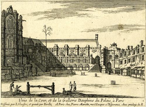 58.1 Veüe de la Cour, et de la Gallerie Dauphine du Palais, à Paris.Dessinée par I. Silvestre, et gravéc par Perelle. A Paris chez Pierre Mariette, rue S. lacques a l'Esperance. Avec priuilege du R.H : 117 L : 157
 Faucheux : 58.1  Baré : N° 130