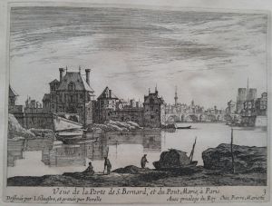 58.3 Veüe de la Porte de S. Bernard, et du Pont Marie, à Paris.'Dessinée par I. Silvestre, et gravée par Perelle Avec priuilege du Roy Chez Pierre MarietteH : 116 L : 158
 Faucheux : 58.3  Baré : N° 194
