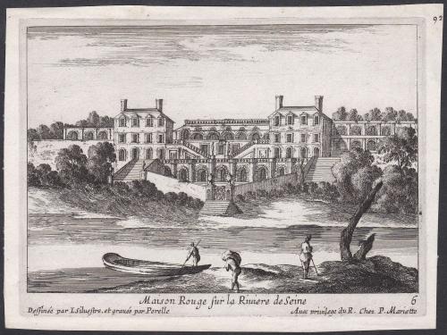 58.6 Maison Rouge sur la Riuiere de SeineDessinée par I. Silvestre, et gravée par Perelle Auec priuilege du R. Chez P. MarietteH : 116 L : 156
 Faucheux : 58.6  Baré : N° 566