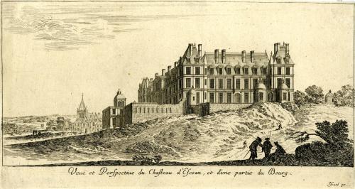 62.16 Veuë et Perspective du Chasteau d'Escoan, et d'une partie du Bourg.Israël ex.H : 133 L : 253
 Faucheux : 62.16  Baré : N° 230