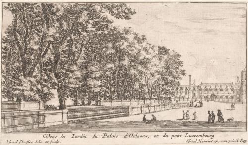 64.10 Veuë du lardin du Palais d'Orléans, et du petit Luxembourg.Israël Silvestre delin. et sculp. Israël Henriet ex. Cum priuil. Reg.H : 99 L : 165
 Faucheux : 64.10  Baré : N° 42