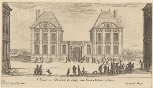 65.2 Veuë de l'Hostel de Sully rue Saint Antoine a Paris.Israël Silvestre. fecit. cum priuil. Regis.H : 116 L : 204
 Faucheux : 65.2  Baré : N° 143