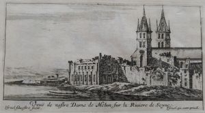 66.4 Veuë de nostre Dame de Melun, sur la Riuiere de Seyne.Israël Silvestre fecit. Israël ex. cum priuil.H : 74 L : 140
 Faucheux : 66.4  Baré : N° 587