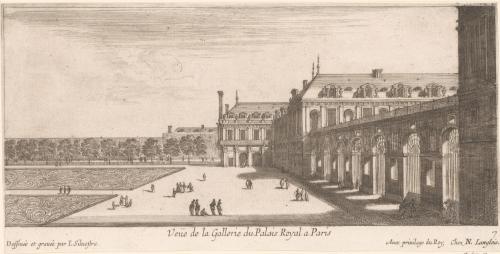 67.7 Veüe de la Gallerie du Palais Royal a Paris.Dessinée et gravée par I. Silvestre Avec priuilege du Roy, Chez P. Mariette.H : 135 L : 261
 Faucheux : 67.7  Baré : N° 44