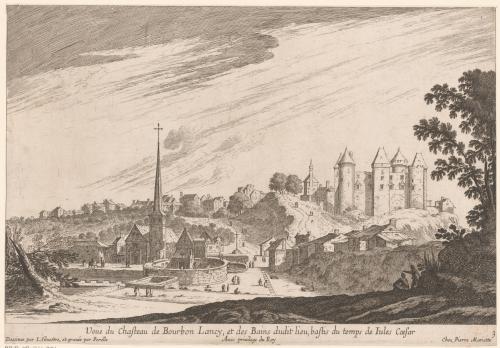 73.3 Veüe du Chasteau de Bourbon Lancy, et des Bains dudit lieu, bastis du temps de Jules Caesar.Dessinée par I. Silvestre, et gravée par Perelle (Nic.) Avec priuilege du Roy Chez Pierre Mariette.H : 217 L : 315
 Faucheux : 73.3  Baré : N° 431