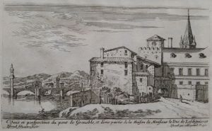 74.6 Veuë et perspective du pont de Grenoble, et d'une partie de la Maison de Monsieur le Duc de Lesdiguieres.Israël Silvestre fecit. Israël ex. cum priuil. Regis.H : 81 L : 139
 Faucheux : 74.6  Baré : N° 479