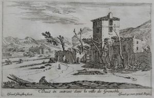 74.7 Veuë en entrant dans la ville de Grenoble.Israël Silvestre fecit. Israël ex cum priuil Regis.H : 87 L : 138
 Faucheux : 74.7  Baré : N° 480
