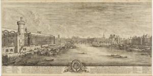 77.1 Perspective de la Ville de Paris, Veüe du Pont des Tuileries.Silvestre Incidit Parisijs 1650. A Paris Chez Israël , rue de l'Arbre sec, au logis de Monsr le Mercier Orfeure de la Reyne, proche la croix du Tiroir.H : 303 L : 641
 Faucheux : 77.1  Baré : N° 2