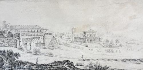9.1 Vue de l'église Saint Jean et Paul et de l'église Saint GrégoireH : 105 L : 210
 Dessin pour la gravure Faucheux : 9.1Crédit : Aimable envoi de la galerie Adonis Fine Art, Paris