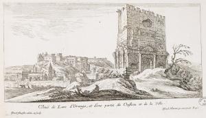 Veuë de l'arc d'Orange, et d'une partie du Chasteau et de la ville.