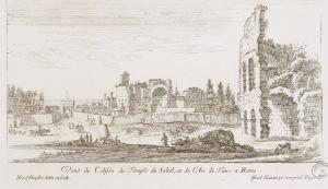 9.5 Veuë du Colisée du Temple du Soleil, et de l'Arc de Titus a Rome. (Vue des ruines de l'arc de Titus, près le Colisée. )Israël Silvestre delin. et sculp. Israël Henriet ex. Cum priuil. RegisH : 135 L : 225
 Faucheux : 9.5  Baré : N° 883Crédit : Bibliothèques de Nancy, P-FG-AL-00038