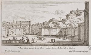 9.6 Veue d'une partie de la Rome antique dans le Jardin d'Est à Tivoly.Israël Silvestre delin. et sculp. Israël Henriet ex. cum priuil. RegisH : 135 L : 225
 Faucheux : 9.6  Baré : N° 884Crédit : Bibliothèques de Nancy, P-FG-AL-00038 P.42