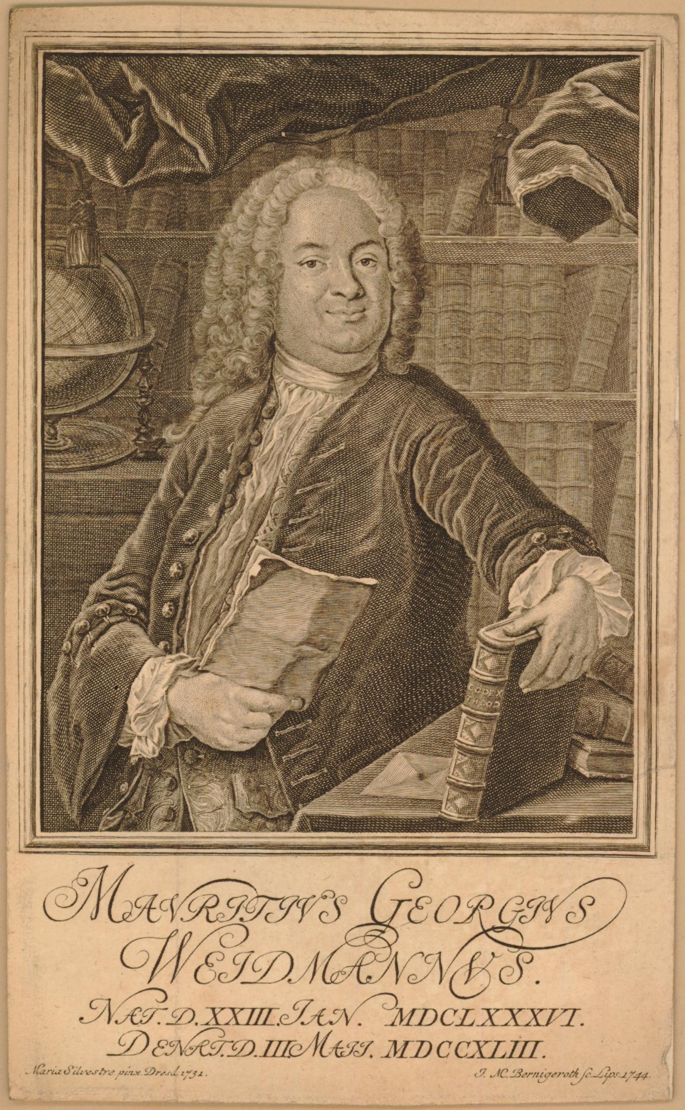 Mauritius Georgius WeidmannusMaria Silvestre pinx. Dresd. 1732. / J. M. Bernigeroth sc. Lips. 1744H : 188 L : 115British Museum INV Bb,15.419