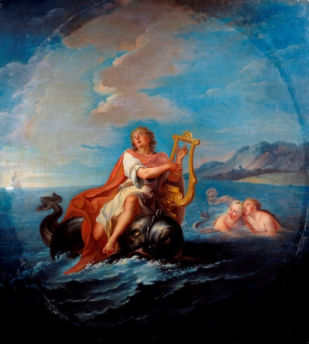 Arion assis sur un dauphin jouant de la lyre
