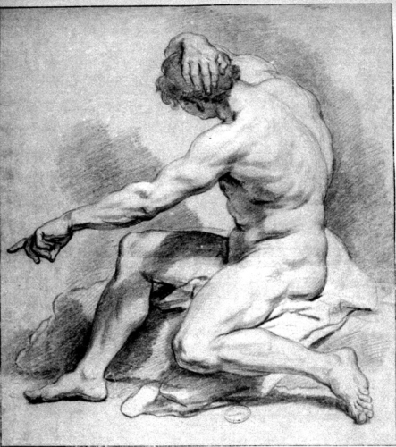 Homme assis vers la gauche, bras gauche tendu