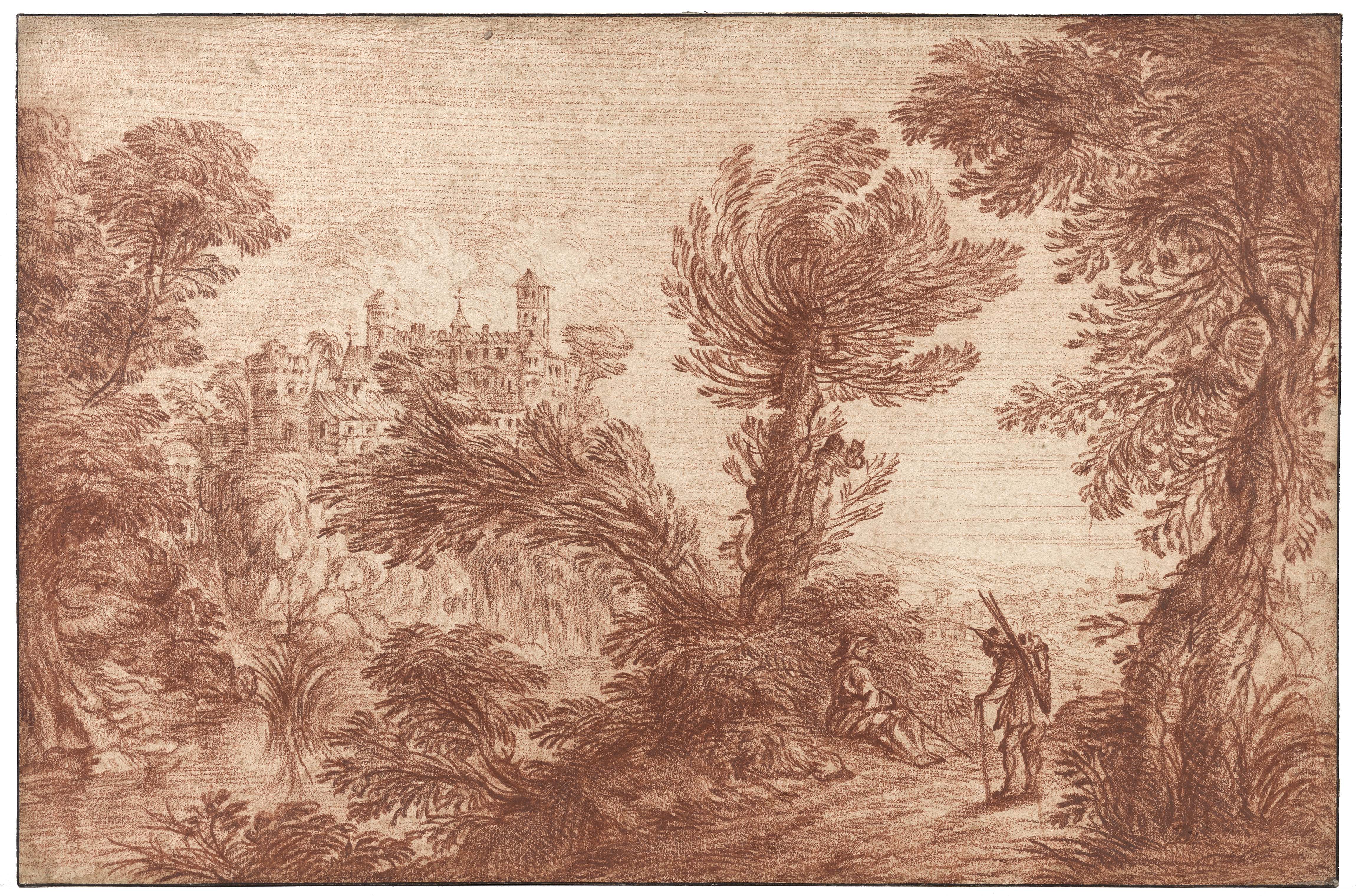 Nicolas-Charles Silvestre : Voyageurs dans un paysage avec un chateau au fond