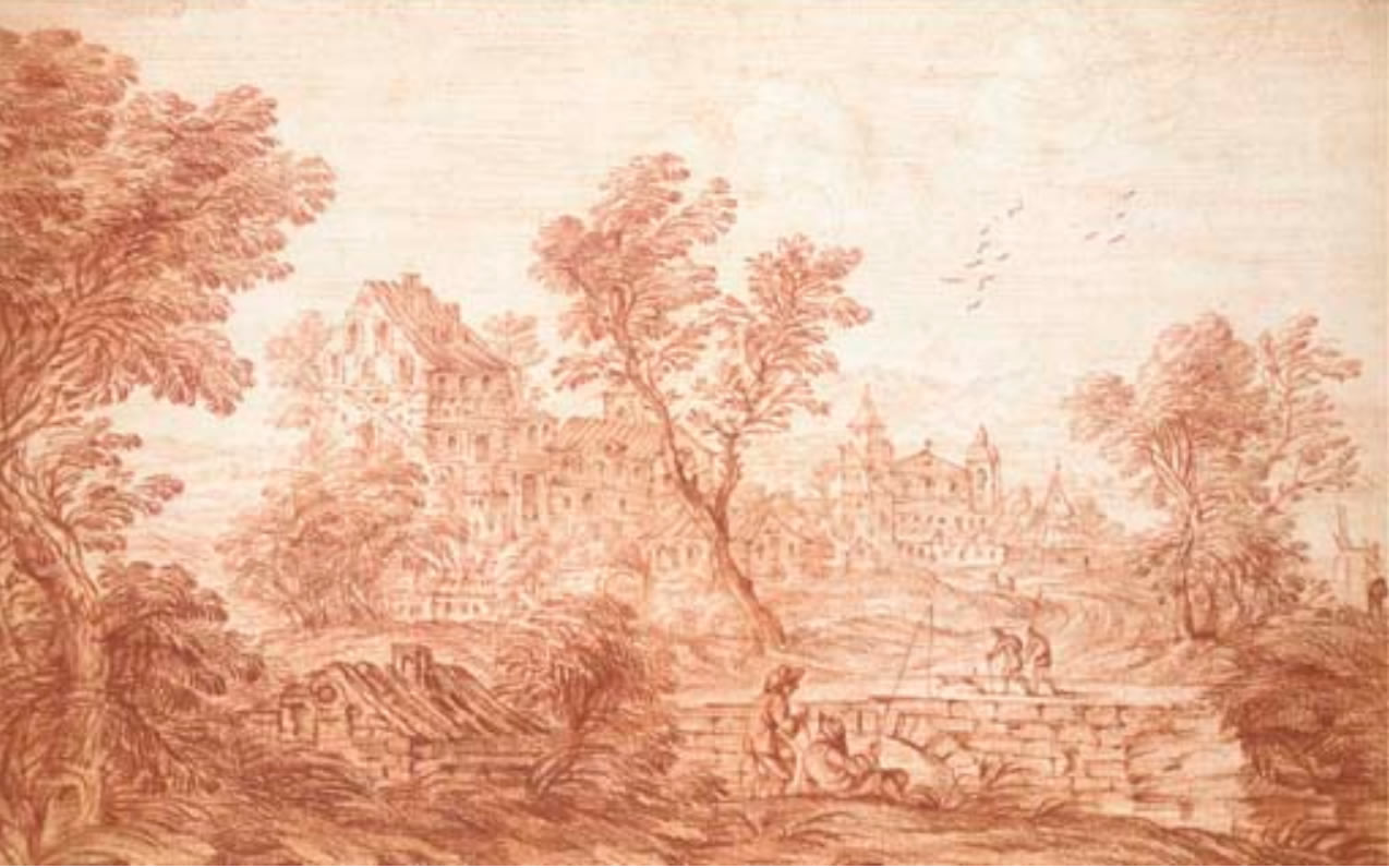 Nicolas-Charles Silvestre : Un village avec des pêcheurs près d'un pont sur lequel passent des voyageurs