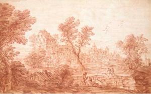 Un village avec des pêcheurs près d'un pont sur lequel passent des voyageursNicolas-Charles de Silvestre