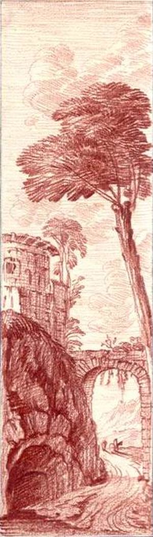 Village sur une colline et pontNicolas-Charles de Silvestre